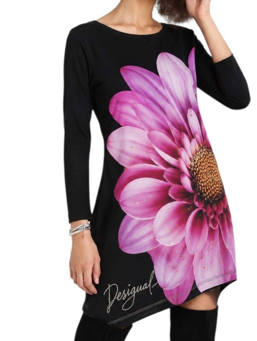Desigual Floral Tunic Women Large Black Pink Asymmetrical Long Sleeve